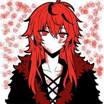 anime guy, long white hair, a red fluffy shirt