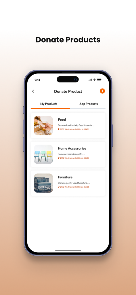 HaulCat User - HaulCat User app screen showing options to donate food home accessories and furniture