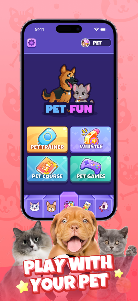 Cat Emotions: Sounds to Pet - Hauptmenü der Katzenemotionen-App mit Pfeife und Spielen für das Haustiertraining