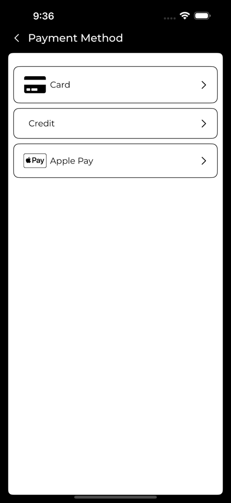 NAYLAM - Payment method selection screen in the NAYLAM app showing options for Card Credit and Apple Pay