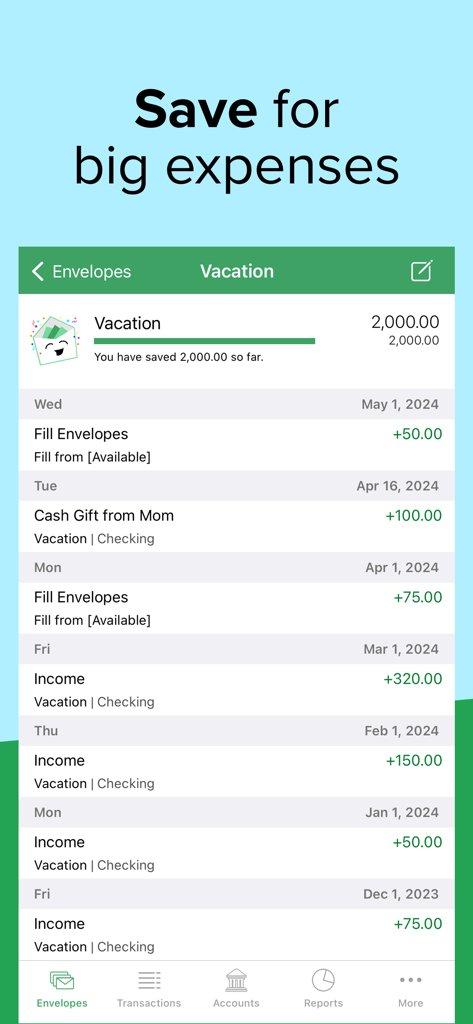 Goodbudget app interface displaying a vacation savings envelope with a completed target goal and transaction history.