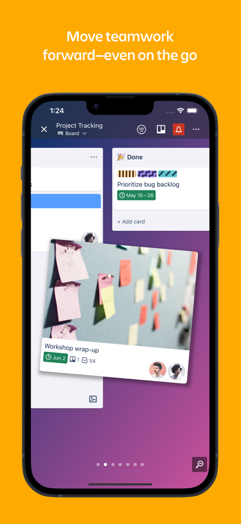 Interface do aplicativo móvel Trello exibindo um quadro de acompanhamento de projetos com cartões de tarefas e avatares de equipe