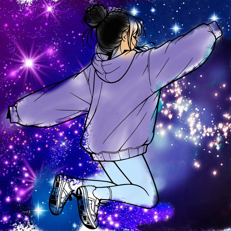 realistic girl jumping with a bun and oversized sweatshirt