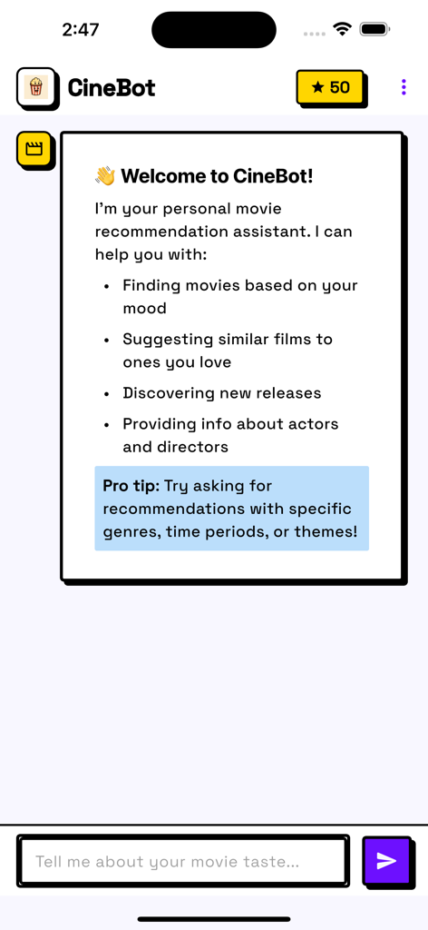 CineBot - Movie Recommender - Écran d'accueil de l'application CineBot présentant un assistant de recommandation de films par IA avec une entrée de chat.
