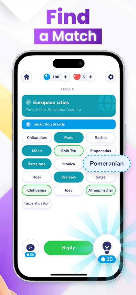 Word Connect - Top Association - Screenshot of the Word Connect mobile game showing a word association puzzle with categories and grouped words