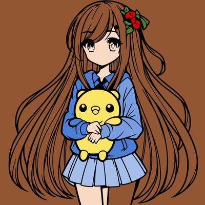 a girl with long hair holding a plushie also anime styled