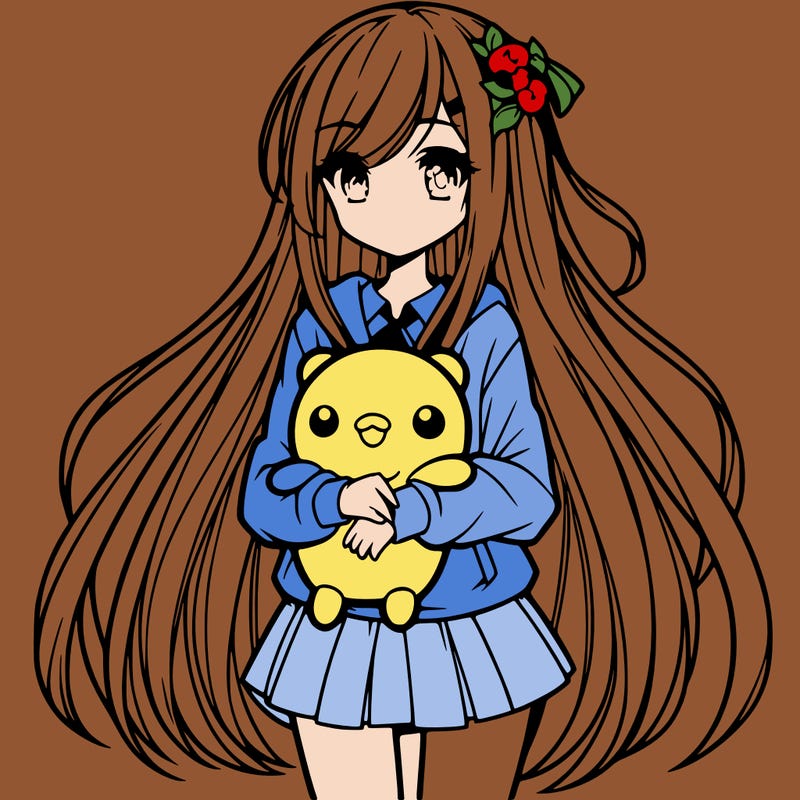 a girl with long hair holding a plushie also anime styled