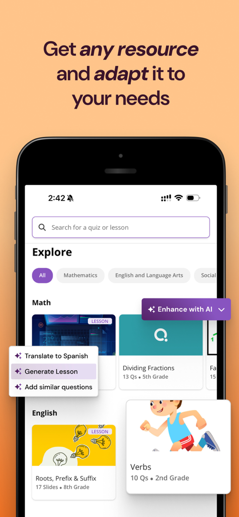 Wayground app interface showing educational resources and AI features for adapting lessons