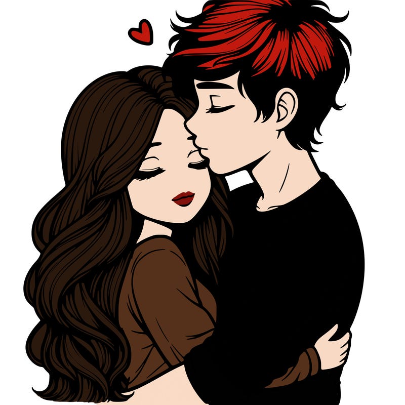 a realistic couple boy and girl hugging and kissing
