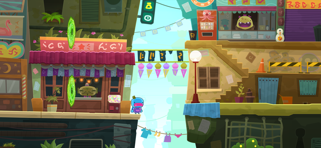 Bring You Home - Polo the alien exploring a colorful alien marketplace with shops and portals