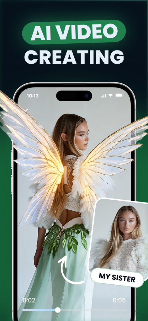 Vidu AI: Video Generator - Une interface mobile pour Vidu AI montrant le portrait d'une femme se transformant en vidéo cinématographique avec des ailes dorées lumineuses.