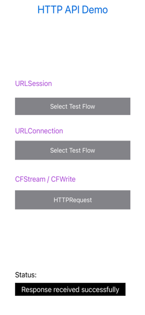 HttpDemo - URLSessionとURLConnectionを使用してHTTPリクエストをテストするためのHttpDemoアプリインターフェース。成功したレスポンスステータスを示しています。