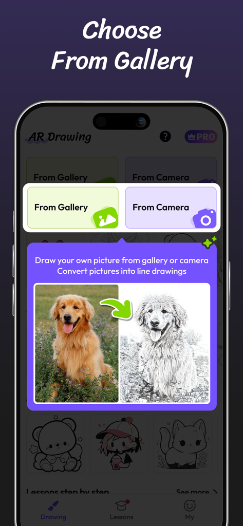 Interface of the AR Drawing app showing the feature to convert a photo of a dog from the gallery into a line drawing sketch