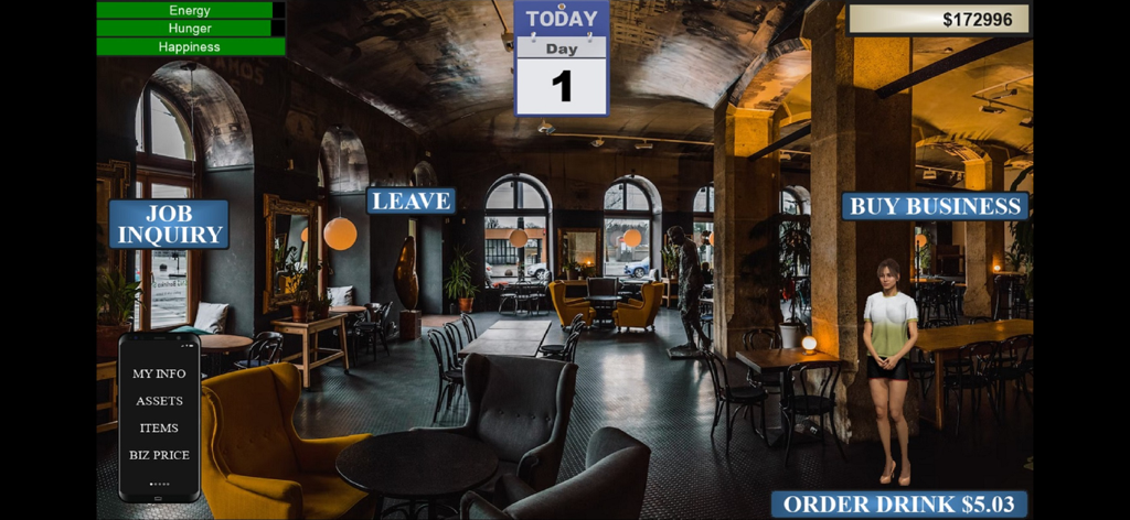 Life Changer (Mobile) - Life Changer gameplay showing a cafe interior with business and job inquiry options