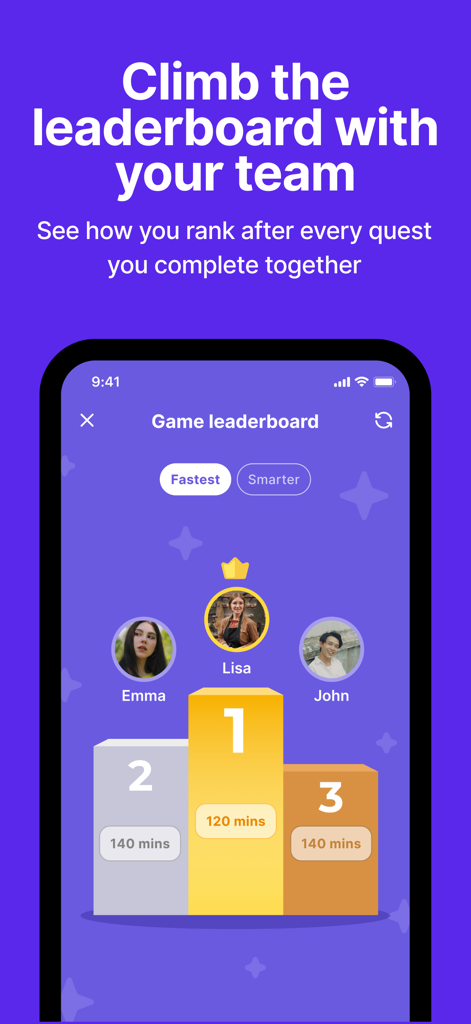 A mobile app screenshot of the Questo game leaderboard showing a three-tier podium with user profile pictures and completion times.