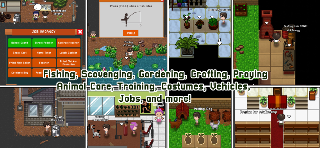 Citampi Stories: Love and Life - A collage showing various pixel art activities in Citampi Stories including fishing, gardening, crafting, and looking for jobs.
