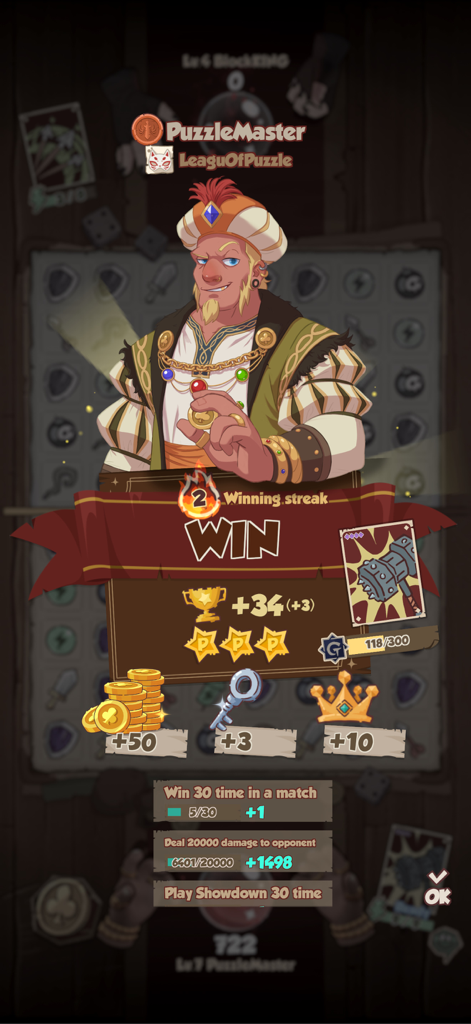 Victory screen in League of Puzzle showing a character celebrating a win with earned rewards including gold coins trophies and keys