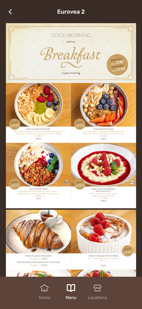 Mondieu - Mondieu app breakfast menu showing smoothie bowls and croissants with prices