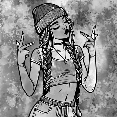 realistic teenage girl with braids and a beanie and crop top doing 🫶🏼