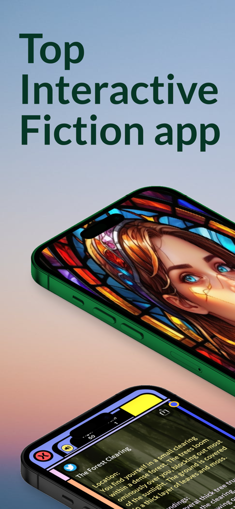 Interfaccia dell'app IF Interactive Fiction Stories che mostra artwork di personaggi IA e gameplay di storie basate su testo su telefoni cellulari