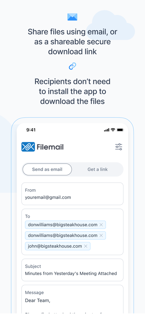Filemail – File Transfer App - メールまたは安全なリンクを使用してファイルを共有する方法を示すFilemailアプリの画面。