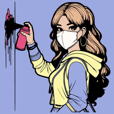 realistic girl with mask spray painting a wall