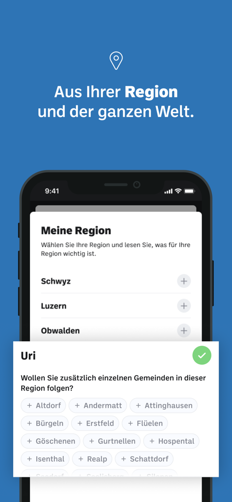 Urner Zeitung mobile app interface for selecting news from specific municipalities in the Uri region