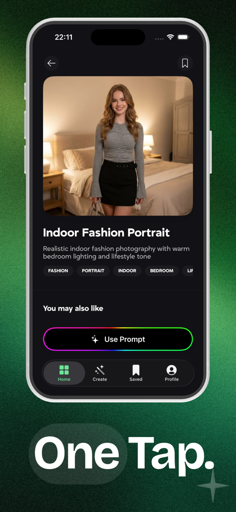 Prompt Market: AI Studio - App interface showing an indoor fashion portrait prompt in Prompt Market AI Studio with a Use Prompt button