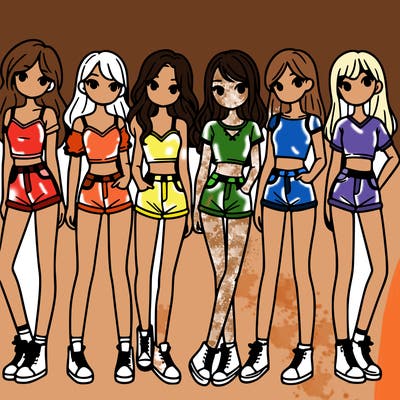 a group of girls wearing crop tops and shorts