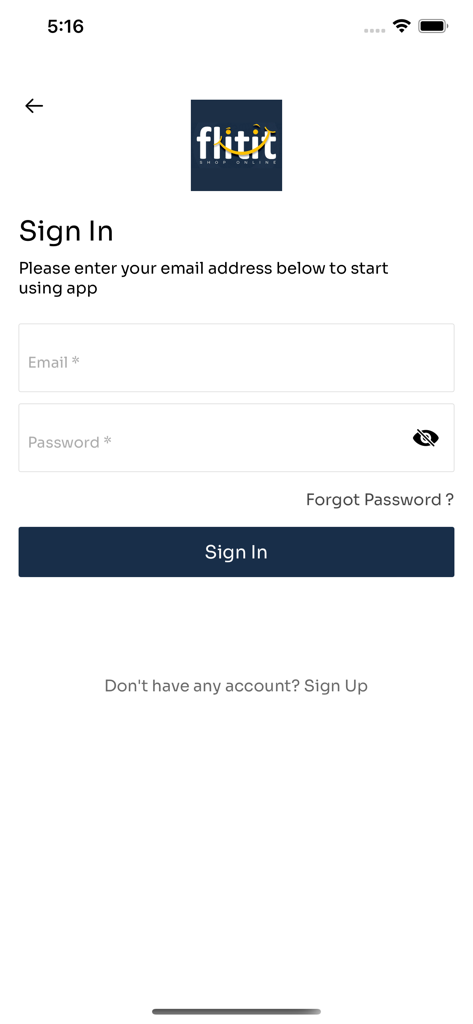 Flitit shopping app sign in screen with email and password fields