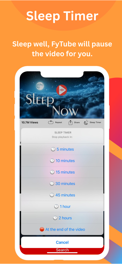 FyTube - YouTube Without Ads - Aplicación FyTube que muestra el menú de selección del temporizador de apagado para detener la reproducción automáticamente