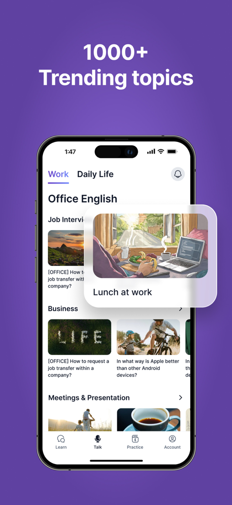 Speak & Learn English SpokziAI - Mobile screen showing various English learning topics for business and daily life within the SpokziAI app
