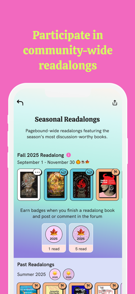 Pagebound: Social Book Tracker - Pagebound app screen showing seasonal book readalongs and reading achievement badges.