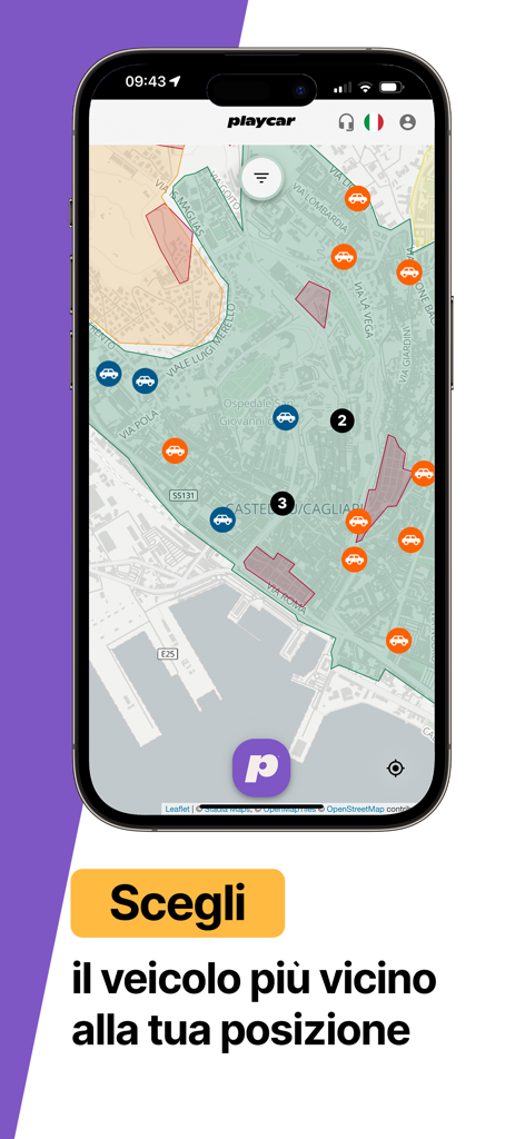 Playcar Car Sharing - Playcar 앱 인터페이스에 칼리아리 이탈리아 지도에 사용 가능한 차량 공유 차량이 표시됨