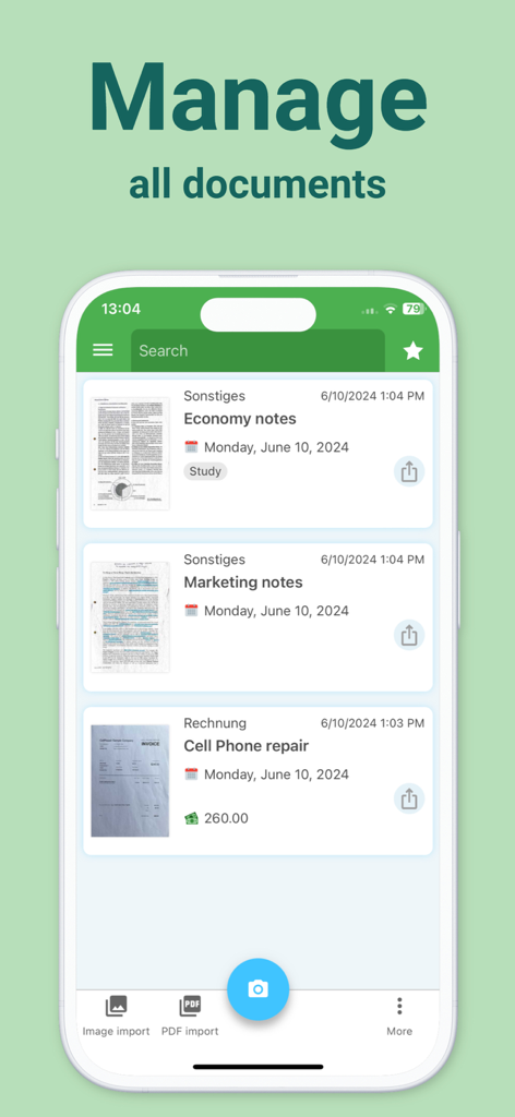 Docutain app screen displaying a list of scanned documents including economy notes and a cell phone repair invoice