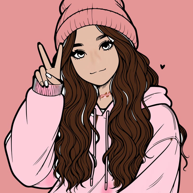 a teenage girl in a beanie, oversized sweatshirt, wavy long hair, and is showing a ✌️