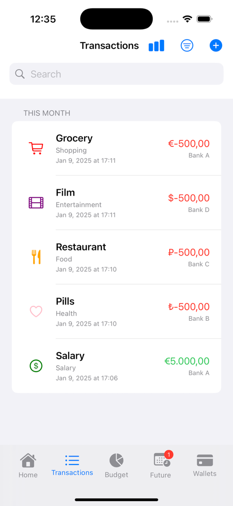 iMoney app screen displaying a list of transactions with different currency symbols like Euro and Dollar