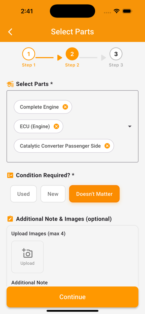O ecrã de seleção de peças da aplicação Partfinder, mostrando opções para o estado das peças do automóvel e carregamentos de imagens