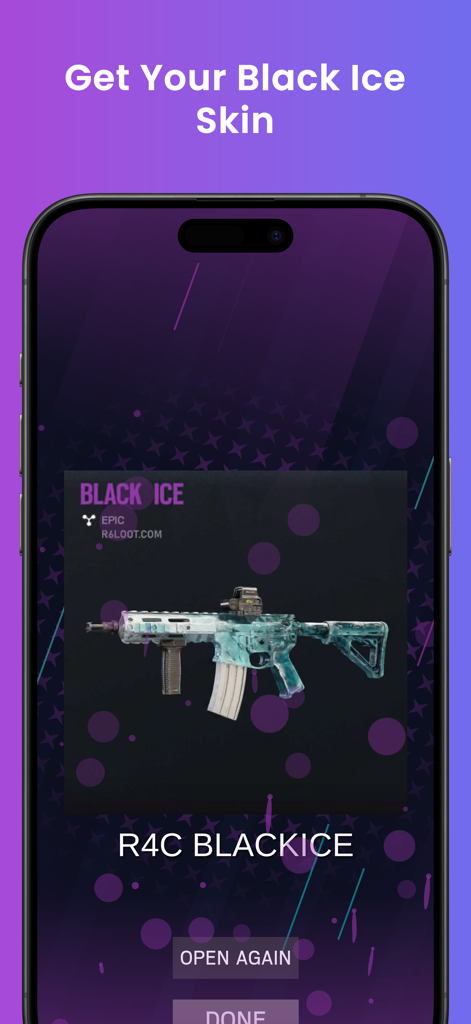 R6 Alpha Pack Opener - A screenshot of the R6 Alpha Pack Opener mobile app showing an Epic R4C Black Ice weapon skin reward.