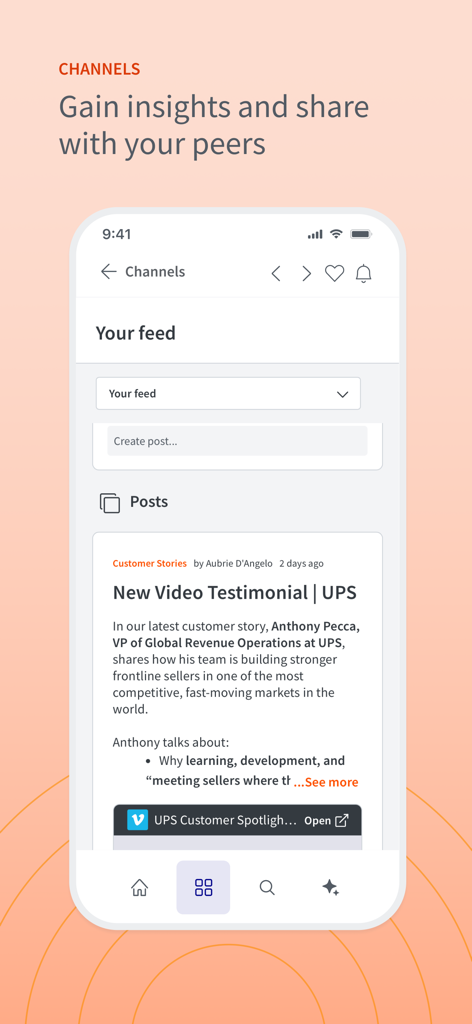 Seismic app interface showing the channels newsfeed with business posts and customer stories