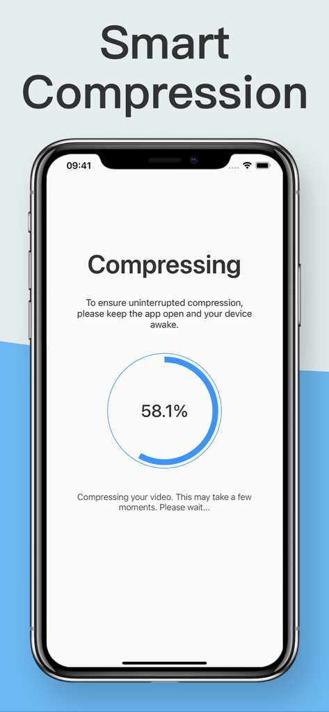 Video Compressor : Converter - iPhone screen showing the smart video compression progress at 58 percent