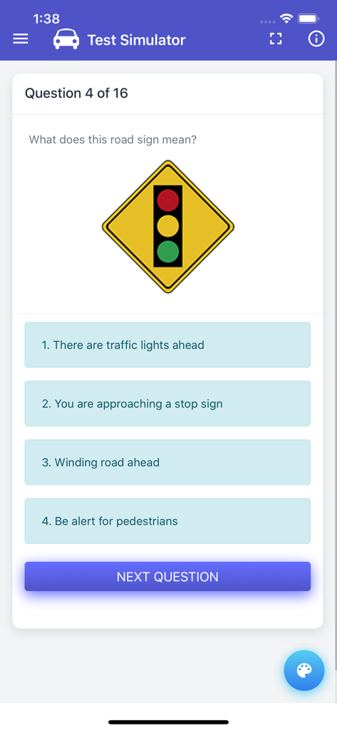 Indiana BMV Practice Exam - Indiana BMV practice exam test simulator interface showing a multiple choice question about a road sign for traffic lights ahead