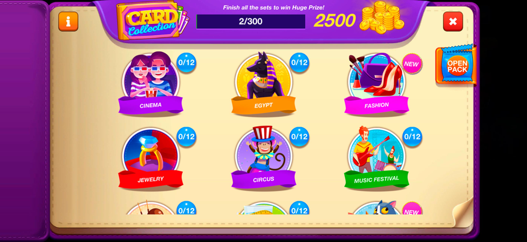 Bingo Star - Bingo Games - Bingo Star card collection screen featuring themed sets like Egypt Fashion and Circus
