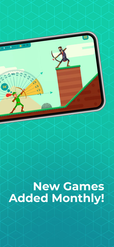 ABCya Games: Kids Learning App - Juego educativo de tiro con arco en la aplicación ABCya con texto que dice Nuevos juegos añadidos mensualmente.