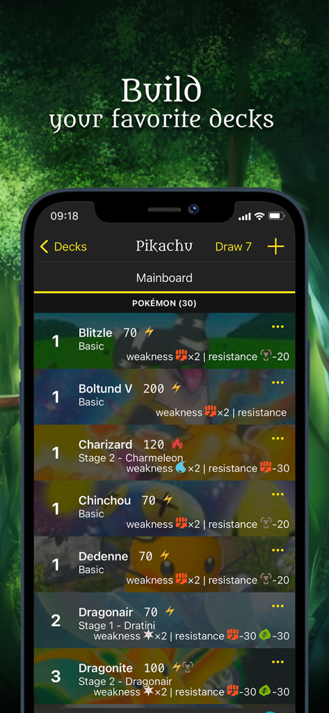 Poké TCG Scanner Dragon Shield - A mobile screen showing the deck builder feature in the Poke TCG Scanner Dragon Shield app.