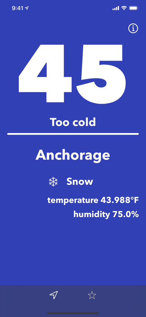Feel - View weather comfort - Feel app interface showing too cold status and weather data for Anchorage