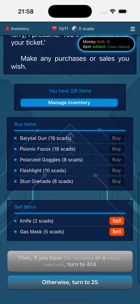 A screenshot of the inventory and item shop interface in the Heart of Ice digital gamebook showing options to buy and sell equipment.