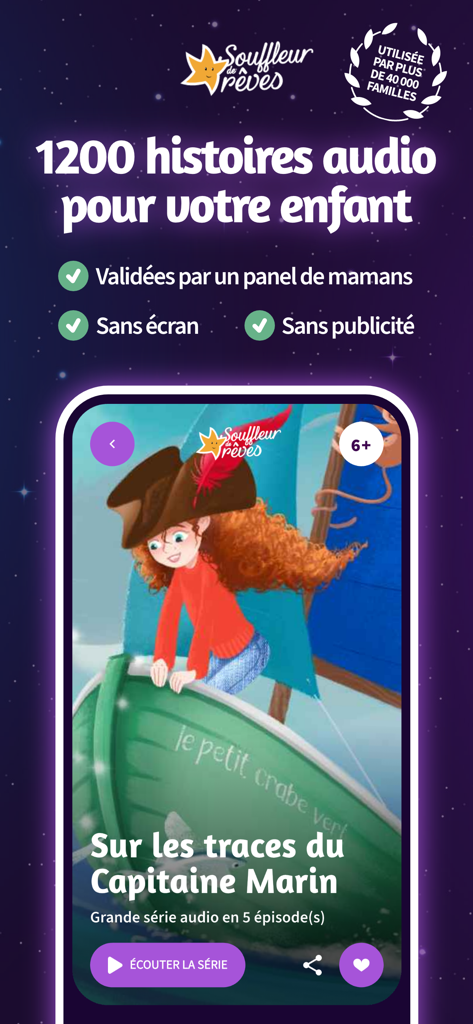 Souffleur de Rêves - Souffleur de Reves app interface promoting screen free audio stories for children