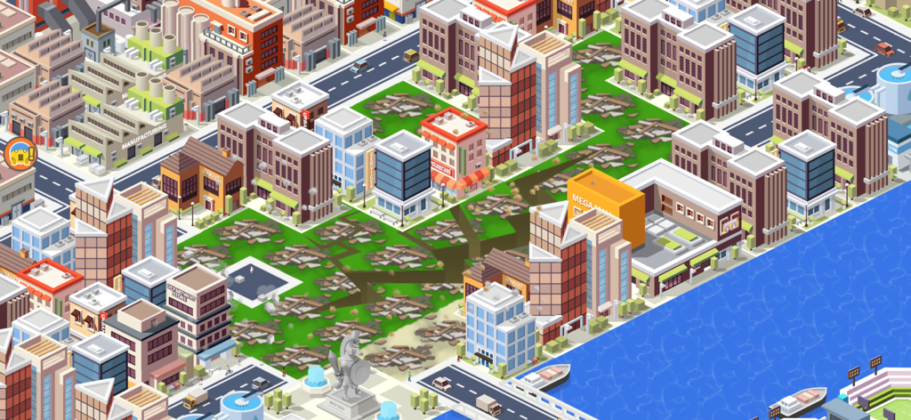 Vista isométrica de una ciudad con varios edificios y daños por terremoto en City Craft Building Sim