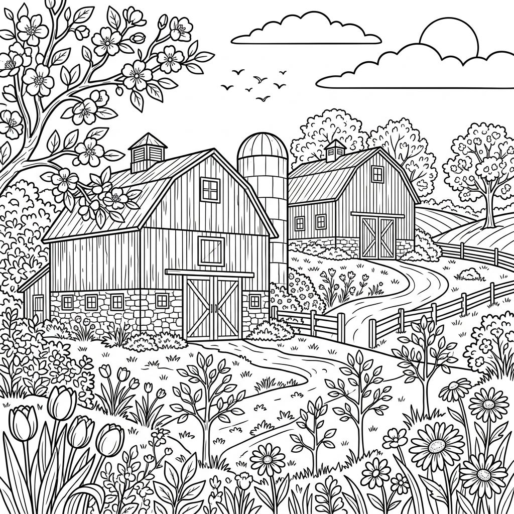 Historic Barns & Spring Flowers Coloring Page